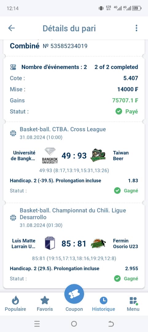 Combiné basket Taïwan + Chili gagné et payé